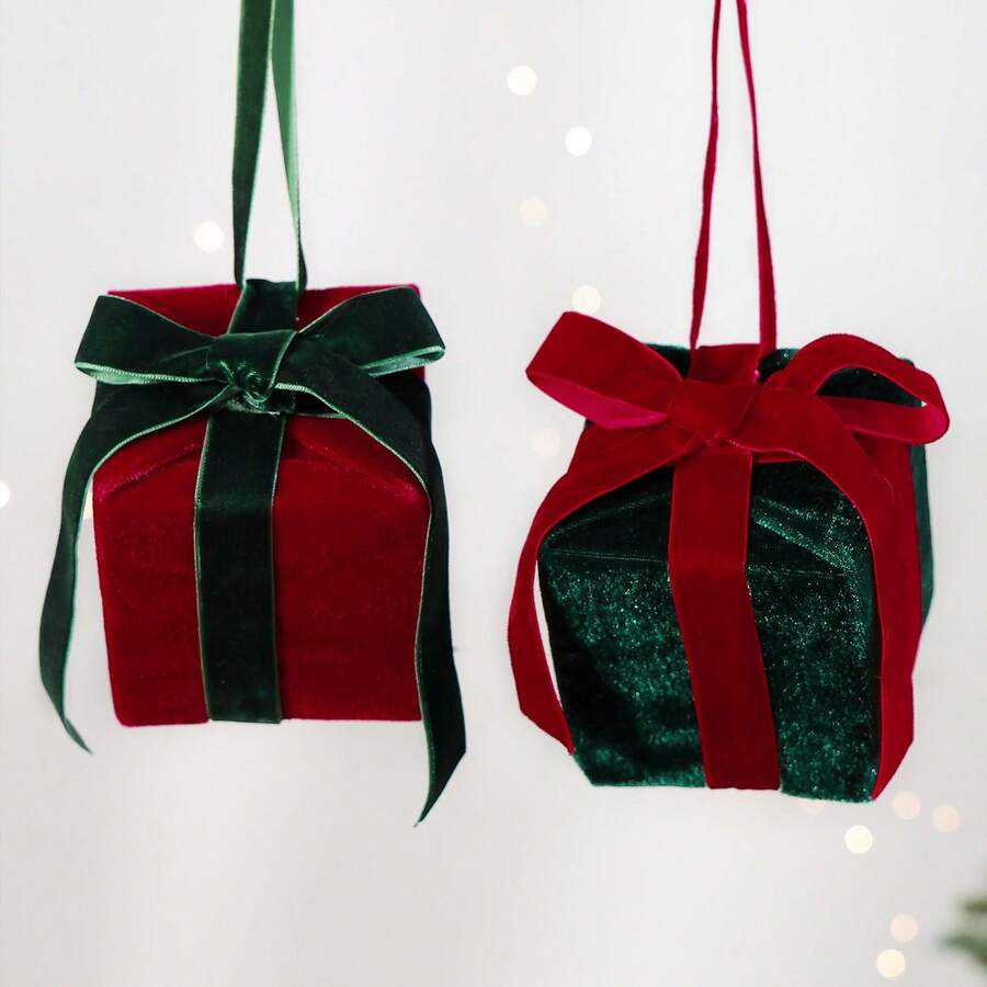Velvet Christmas Gift Box Ornament, Red & Green Bow Christmas Tree Hanging Decoration, Holiday Decor