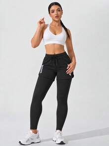 Women 2 In 1 High Waist Sports Leggings With Drawstring Layered Shorts Slim Fit Active Pants - Black - View 6