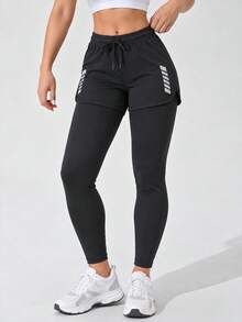 Women 2 In 1 High Waist Sports Leggings With Drawstring Layered Shorts Slim Fit Active Pants - Black - View 5