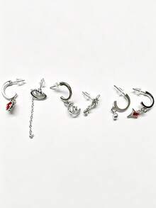 Gothic Style Red Crystal Star Earrings Set, Unisex, Vintage Aesthetic Heart & Pentagram Pendant Earrings, Y2K Jewelry Accessories - Silver - View 12