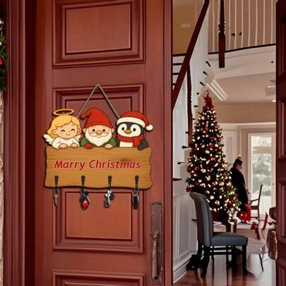 2D Flat Wooden Key Rack With 4 Metal Hooks, Christmas Wall Decor, Porch, Room And Villa Decoration, All Season Home Decor