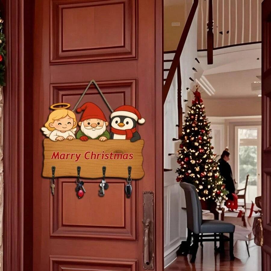 2D Flat Wooden Key Rack With 4 Metal Hooks, Christmas Wall Decor, Porch, Room And Villa Decoration, All Season Home Decor - Multicolor - View 1