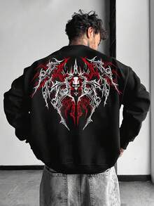 DOPE | High Street Style Black Gothic Print Sweatshirt, Back Large Wing & Heart Design, Oversized Drop Shoulder Casual Long Sleeve Top - Black - View 5