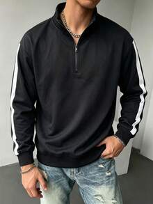 Men's Autumn/Winter Casual Versatile Minimalist Commuter Patchwork Loose Drop Shoulder Zip-Up Collared Sweatshirt - Black - View 5