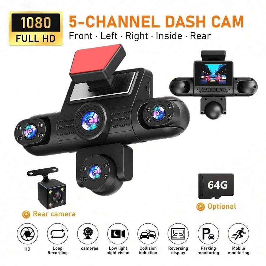 SIDAKEYE 360°全景5通道行車記錄器(4鏡頭+後鏡頭)64G記憶卡,3.16吋IPS螢幕,1080P前鏡頭,720P前/中/後/左/右全覆蓋,四視角顯示,HD夜視,寬動態範圍,G-Sensor,USB充電,150mAh - A - 查看 1