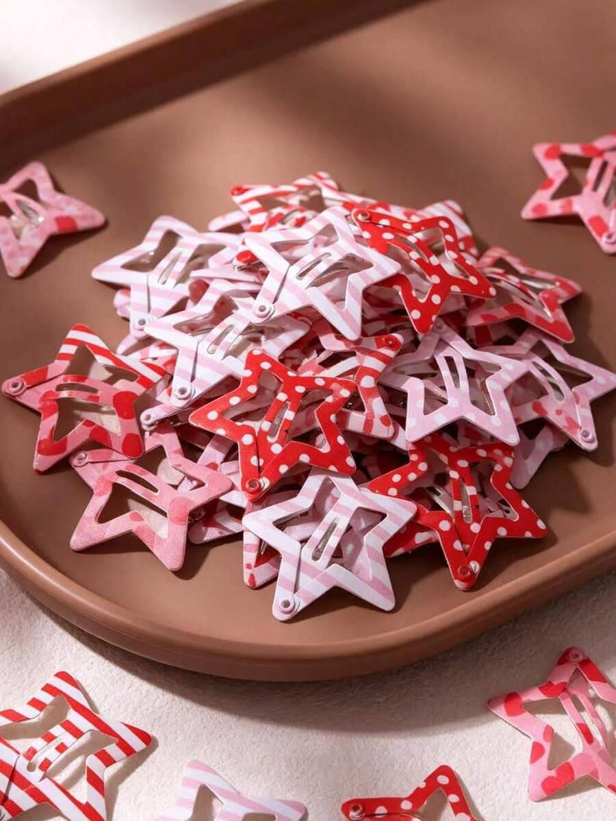 10/30/50pcs Pink Polka Dot Striped Star Small Hair Clips For Women, Forehead Fringe BB Clips, Y2K Birthday Party Gathering Hair Accessories - Multicolor - View 1