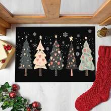 1pc, Holiday Christmas Tree Welcome Mat, Christmas Tree & Snowflake Pattern, Christmas Gift, Christmas Decoration, Christmas, Non-Slip, Machine Washable, Durable - Perfect For Home, Holiday Decor, Entrance, Living Room, Balcony Outdoor Space! - Black - View 3