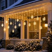 Christmas & Halloween Party Decoration Solar Powered Icicle Snowflake String Lights, Warm/Colorful/White 3 Color Modes, 4*0.6m Wave Style Hanging 16 Strands 96LEDs, 3D Hollow Snowflake Pendants, Transparent And Lightweight, Natural Snowfall Pattern, Clear Petal Outline, Soft Diffused Light, Hanging Ice & Snow Curtain Effect, Dreamy Night View - Solar Powered Snowflake Ice Bar Lights - View 8