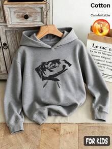 Fall/Winter 3 Pieces Set Girls' Fleece Hoodie Gray Long Sleeve Cotton Rose Print Graphic Y2K Style - Heather Gray+Heather Gray+Heather Gray - View 2