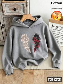 Fall/Winter 3 Pieces Set Girls' Hooded Sweatshirt Wing Print Gray Long Sleeve Cotton Y2K Style - Heather Gray+Heather Gray+Heather Gray - View 3