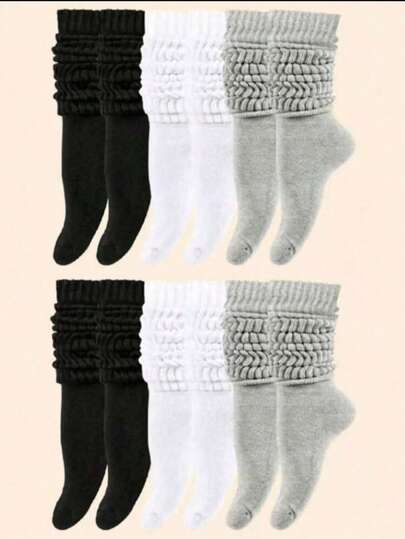 6 Pairs Women's Casual Knitted Socks, Elastic Socks, Mid-Calf Socks, Spring/Autumn Style, Pilates Socks, Yoga Socks, Slouch Socks