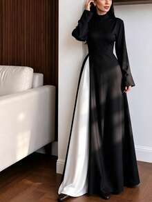 Women's Solid Color Stand Collar Back Knot Casual Daily Long Robe - Black - View 3