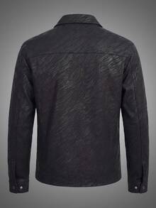 Men's Autumn Multi-Pocket Workwear Jacket, Embossed Embossed Black Jacket With Lapel Collar, Snap Button Design, Streetwear Casual Top, Work/Cargo - Black - View 2