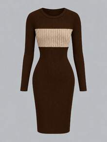 New Women's Autumn Four-Season Elegant Color-Block Patchwork Round-Neck Slim-Fit Ribbed Knit Premium Fashion Tight Dress. - Coffee Brown - View 4