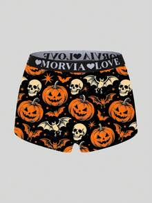 Morvia 6 Pack Halloween Punk Women Boxer Briefs, Skull Pumpkin Bat Ghost Print Wide Letter Elastic Waist Underwear - Multicolor - View 2