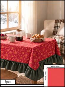 1pc Red Background Gold Christmas Bell Snowflake Print Tablecloth, Traditional Country Style, Rectangular Green Leaf Edge With Pleated Details, Stain-Resistant Protective Tablecloth For Home Long Table, Suitable For Christmas Family Gatherings And Winter Holiday Dining Room Decor - Red - View 15