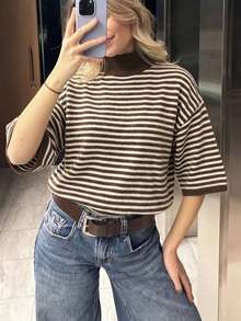 Women's Autumn New Color Block Striped Turtleneck Knit Sweater, Casual, College Style, Commuting - Dark Coffee - View 3