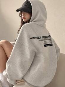 Women's Casual Loose Fit Letter Print Sweatshirt With Thermal Lined, Versatile For Autumn/Winter - Light Grey - View 3
