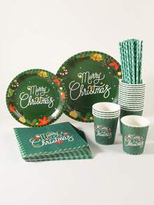 10/20pcs Christmas Disposable Paper Tableware Set, Includes 7-Inch And 9-Inch Plates, Cups, Napkins And Straws; Featuring Deep Green "Merry Christmas", Poinsettia And Bell Decorative Patterns, Suitable For Christmas Parties, Holiday Dinners, Winter Celebrations And Holiday Table Decor. - Multicolor 3 - View 5