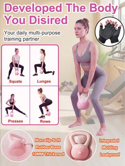 1pc 3-Color Optional Water-Fillable Soft Bottom Kettlebell + Gloves, Women's Home Fitness Equipment, 6kg/8kg Weight Optional, Thick Soft Rubber Base, Quiet Shock-Absorbing Floor Protection, Anti-Collision. One-Piece Molded, Ergonomic Non-Slip Grip, Comfortable Hold With Stable Center Of Gravity. Water-Fillable For Even Force Distribution, Suitable For Squats, Deadlifts, Kettlebell Swings, Home Glute Shaping, Core Strength Training, Easy For Fitness Beginners