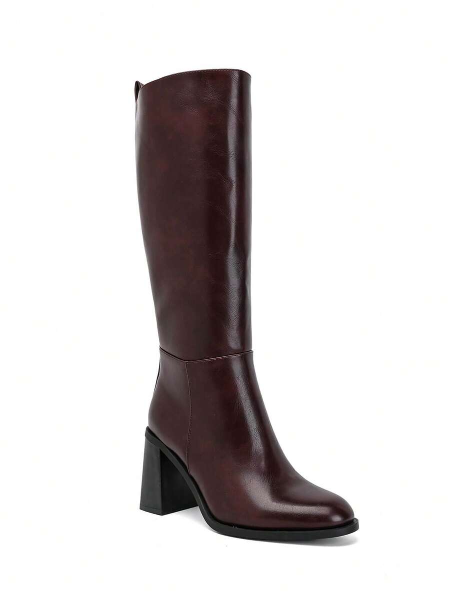 Smooth Faux Leather Block Heel Knee-High Boots – - Burgundy - View 1
