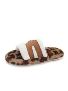 Color Block Plush Slippers Fuzzy Slip-On Flat Bottom Indoor Slip-On Fashion Women Shoes - Leopard - View 6