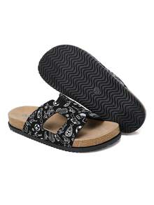 Women Marble Print Double‑Strap Cork Footbed Slide Sandals - Black - View 1