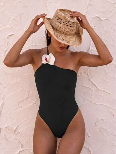 Women's Elegant One-Shoulder Floral Decor Black One-Piece Swimsuit, Suitable For Beach Party, Vacation, Christmas And Halloween Outfits