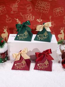 5 Buah Kotak Hadiah Piramida Selamat Natal dengan Pita Satin, Motif Pohon Natal Emas & Kepingan Salju, Kotak Hadiah Mini Elegan Merah Hijau Putih untuk Pesta Natal, Hadiah Liburan, Pernikahan & Acara Meriah - 7,5X7,5X7,5cm - View 3