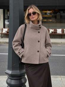 Vintage Stand Collar Short Wool Blend Jacket, Long Sleeve With Side Pockets - Light Grey - View 8
