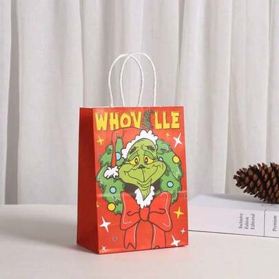 Hasbro 10 piezas Bolsas de embalaje de regalo con tema navideño de Grinch, bolsas de papel kraft, bolsas de embalaje de regalo de fiesta de dibujos animados, bolsas de mano, contenedor perfecto para embalaje de regalos de Halloween y Navidad