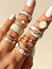 8pcs/Set New Geometric Oil Drop Sun Ring Set, Star & Moon Design Fashion Knuckle Rings, Open Adjustable Metal Rings For Women, Daily Wear, Party Jewelry, Holiday Gift - Drip Oil Set Ring - View 13