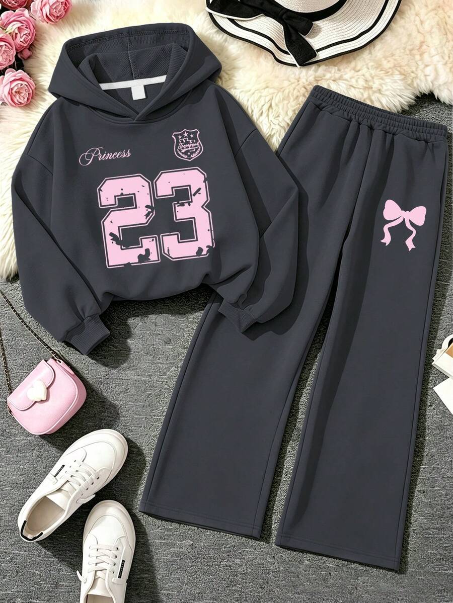 New Unisex Girls' Hoodie + Casual Long Pants 2pcs Set, Creative Graphic Print, Autumn/Winter Outfit, Comfortable Skin-Friendly Top - Dark Grey - View 1