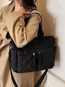 Large Capacity Tote Bag, 3D Quilted Diamond Pattern, Multi-Zipper Pocket Design, Relaxed Casual Style, Black Lightweight Crossbody Handbag, Suitable For Work Commute, Campus Study, Short Trips, Grocery Shopping, Minimalist Versatile Practical Shoulder Bag - Black - View 5