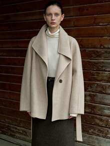 Women's Funnel Neck Tie-Front Long Sleeve Coat, Woven Fabric, Elegant Autumn/Winter Style - Apricot - View 5