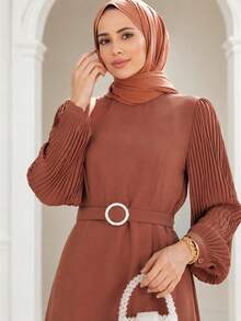 Women's Elegant Long Dress, Pleated Long Sleeve With Belt, Flowy Dress, Unique Formal Gown, Suitable For Wedding Guest, Party, Evening Event And Vacation Wear - Burnt Orange - View 4