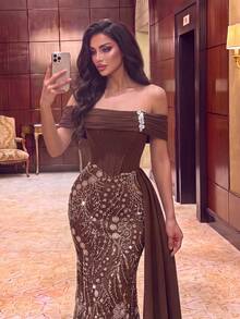Women's Formal Cold Shoulder Ball Gown, Elegant Knit Maxi Dress With Rhinestone Embellishments And Ruffle Details - Brown - View 3