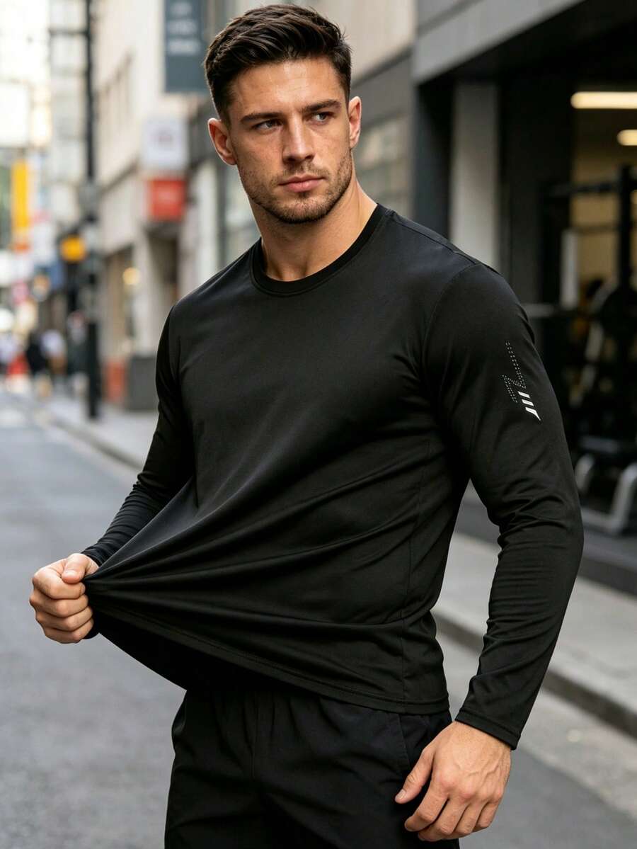 Men's Breathable Sun Protection Long Sleeve Sports T-Shirt, Outdoor Hiking Fitness Quick Dry Crew Neck Top - Black - View 1
