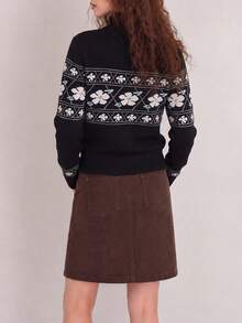 Women's Black Jacquard Knit Long Sleeve Turtleneck Sweater, Regular Length, Slightly Elastic Fabric, Suitable For Winter - Black - View 2