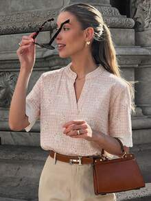 Women's Short Sleeve Crew Neck Knit Top With Contrasting Color Lace Trim, Regular Hem Summer - Baby Pink - View 6