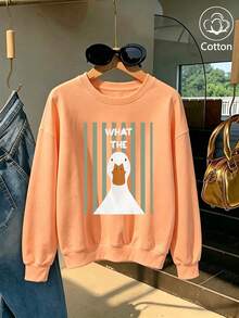 Women Cotton Crew Neck Loose Sweatshirt For Autumn Pink Striped White Duck Print WHAT THE Casual Street Sport Style - Hami Melon Orange - View 5