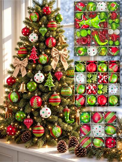 12 buah Ornamen Bola Natal 2,4 Inci, Dekorasi Natal Merah & Hijau, Bola Gantung Mengkilap Merah & Hijau Anti Pecah, Bola Gantung Polkadot, Dekorasi Pohon Natal, Bola Natal Plastik, Bola Natal Perayaan Liburan Dalam Ruangan, 6 Desain Liburan, Dekorasi Pesta