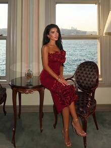Elegant Women's Long Knit Pencil Dress With 3D Rose And Rhinestone Decor, Sleeveless Strapless Party Dress, Slightly Stretchy - Burgundy - View 6