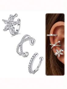 CIZME 3pcs Minimalist 14K Ear Cuff Set Flower Butterfly Cubic Zirconia Ear Clip Earrings, No Piercing Needed, Suitable For Daily Office Wear Gift For Her - Golden and Silvery - View 5