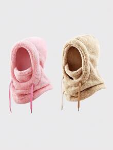 1/2 Pcs Unisex Thick Fluffy Faux Fur Integrated Hood Scarf Balaclava, Drawstring Adjustable Full‑Cover Thermal Hooded Neck Gaiter - Multicolor - View 13