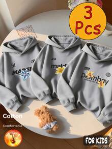 Autumn/Winter 3 Pieces Tween Girls Letter Floral Print Sweatshirt, Grey Long Sleeve Cotton Comfortable Y2K Style - Heather Gray+Heather Gray+Heather Gray - View 1