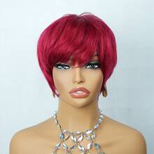 Green & BUG Red Color Layered Pixie Cut Human Hair Wigs For Women 6 Inch Short Pixie Cut Wig 150% Density Full Machine Made Wig With Bangs 1 Pc Human Hair Wig For Music Festival Daily Party Wear - SBUG - View 8