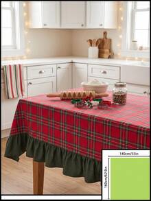 1pc Red & Green Classic Large Plaid Tablecloth, Traditional Country Style, Rectangular Green Leaf Edge With Pleated Details, Stain-Resistant Protective Table Cover, Functional Home Long Tablecloth Suitable For Christmas Family Gatherings And Winter Holiday Kitchen Decor - Red - View 20