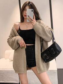 Jaket Sweater Luar Ruangan Longgar Berkerah Terbuka Model Slouchy Terbaru untuk Musim Gugur/Dingin - Khaki - View 6