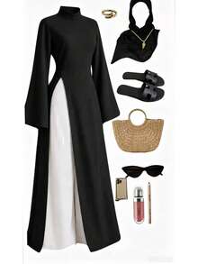 Women's Solid Color Stand Collar Back Knot Casual Daily Long Robe - Black - View 1